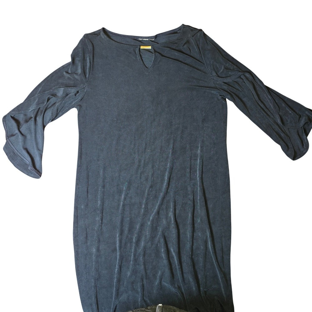 Chico's Travelers Navy Blue Dress Sz 2 XL Slinky Keyhole Gold Bar Flutter Sleeve